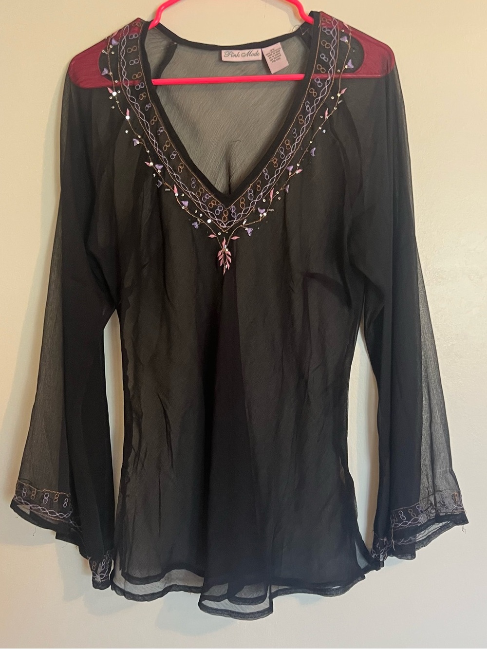 Pink Mode Black Sheer V-Neck Blouse with Lavender Embroidered Trim